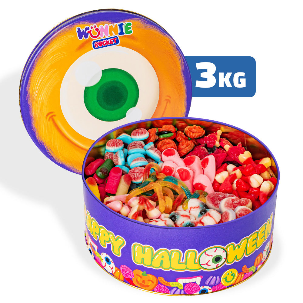 Wunnie Bucket “Happy Halloween”, Dose zum Befüllen mit deinen Lieblingsgummibärchen - 3 kg
