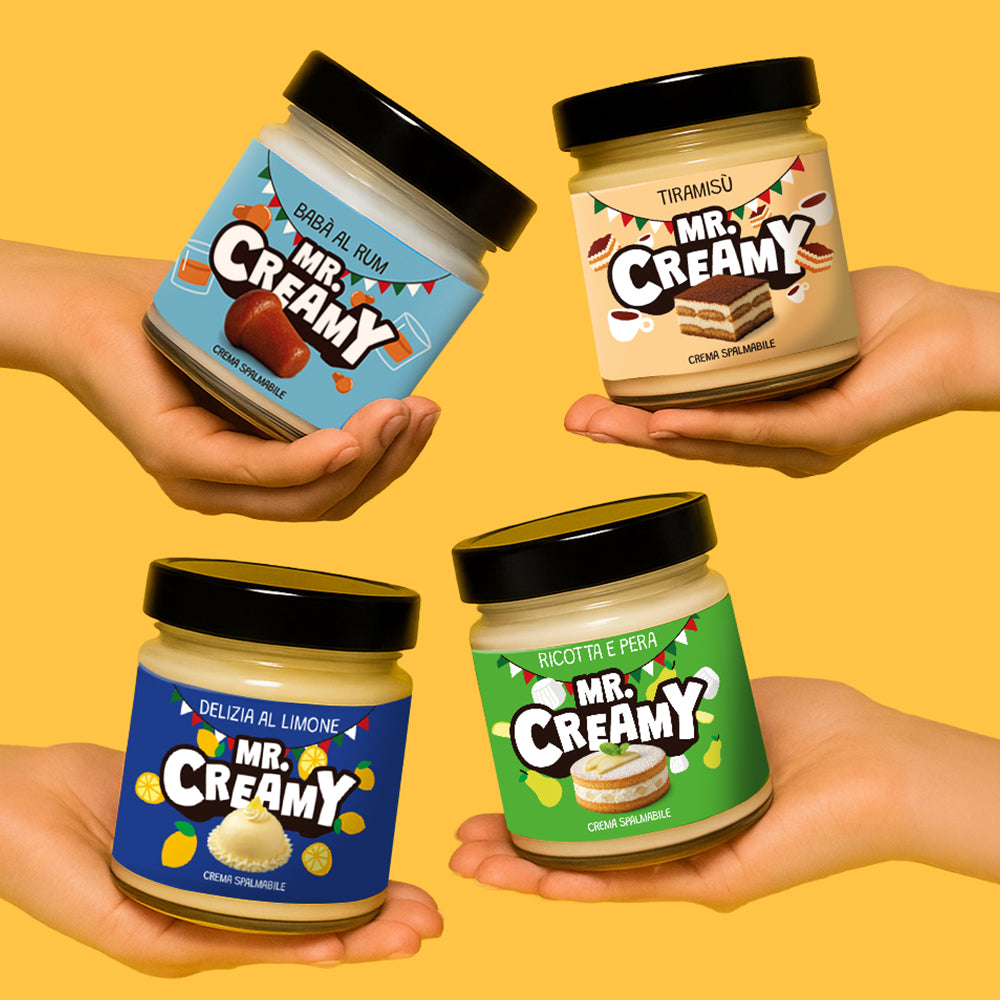 4 confezioni di creme spalmabili da 200g Mr Creamy ispirate a dolci italiani e sorrette da mani: tiramisù, ricotta e pera, babà al rum e delizia al limone