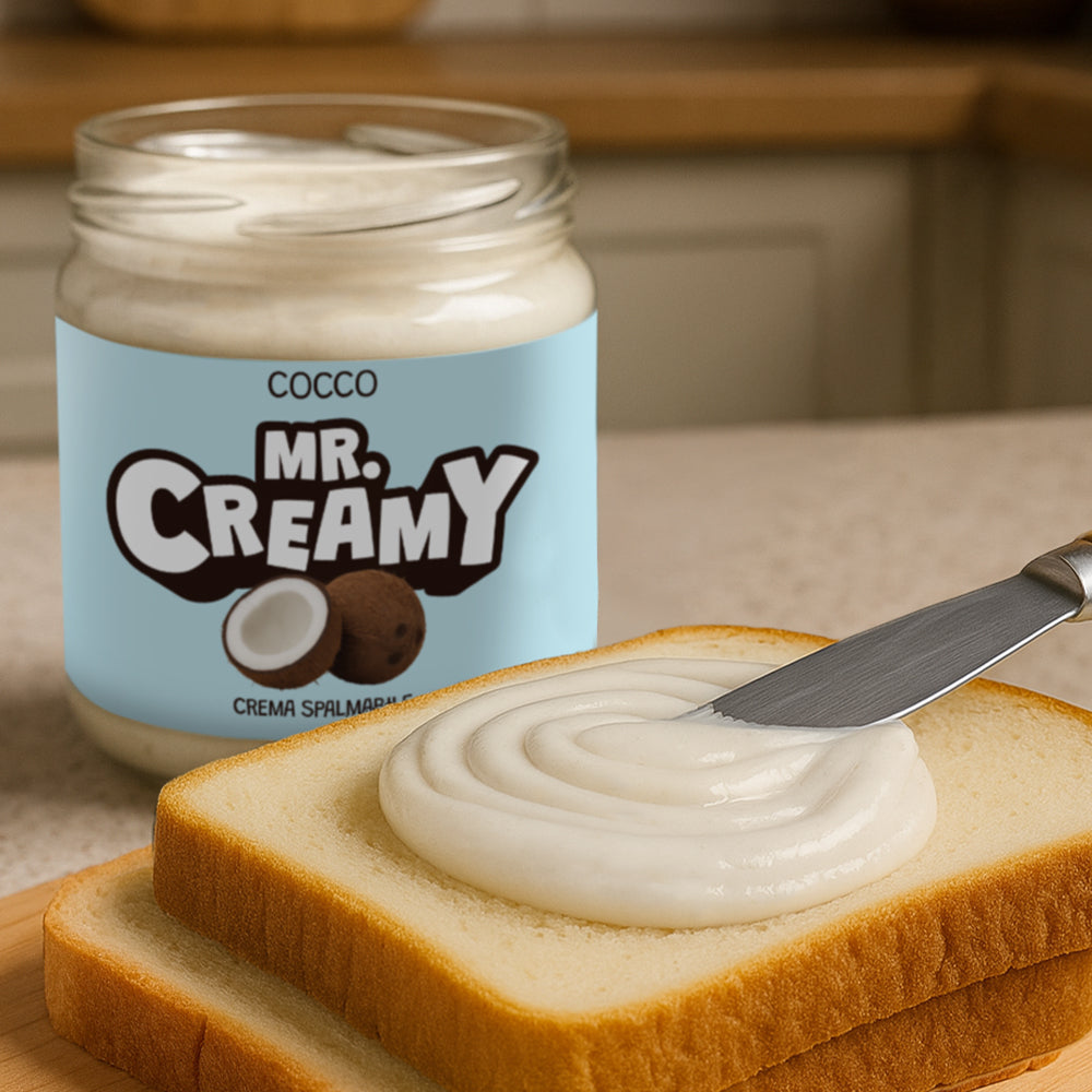 Confezione da 200g di crema spalmabile al cocco Mr creamy mentre viene spalmata su una fetta di pane