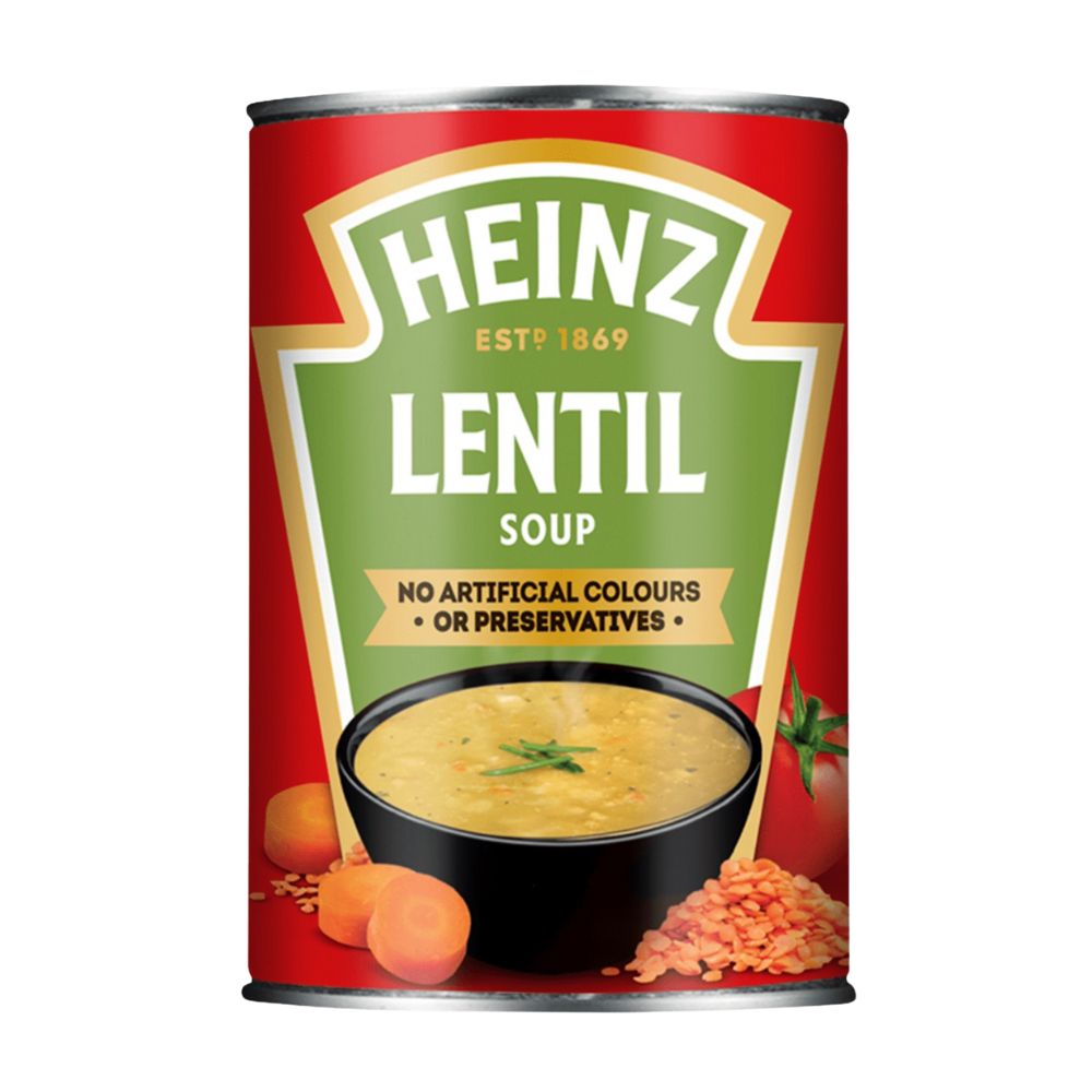 Confezione da 400g, zuppa di lenticchie Heinz.