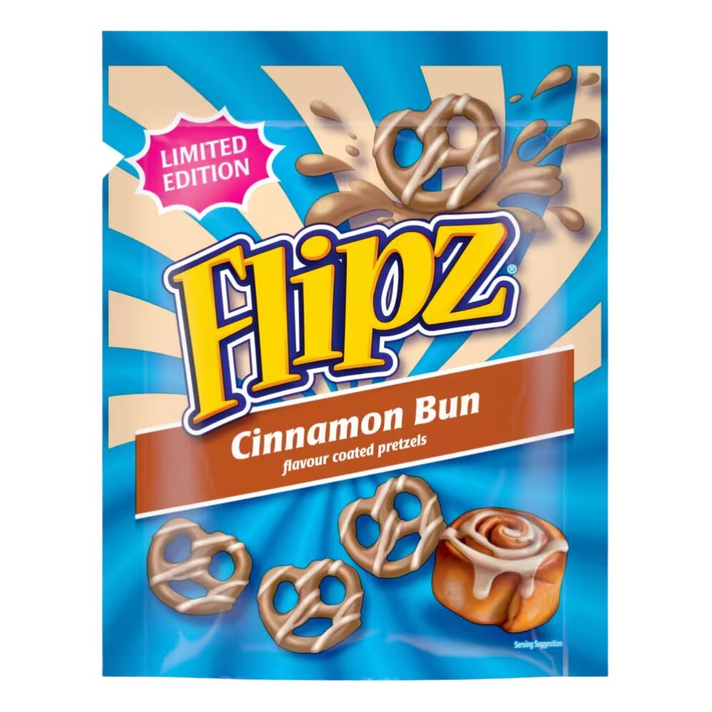 Confezione da 90g, pretzel ricopreti di glassa al gusto di cinnamon bun Flipz.