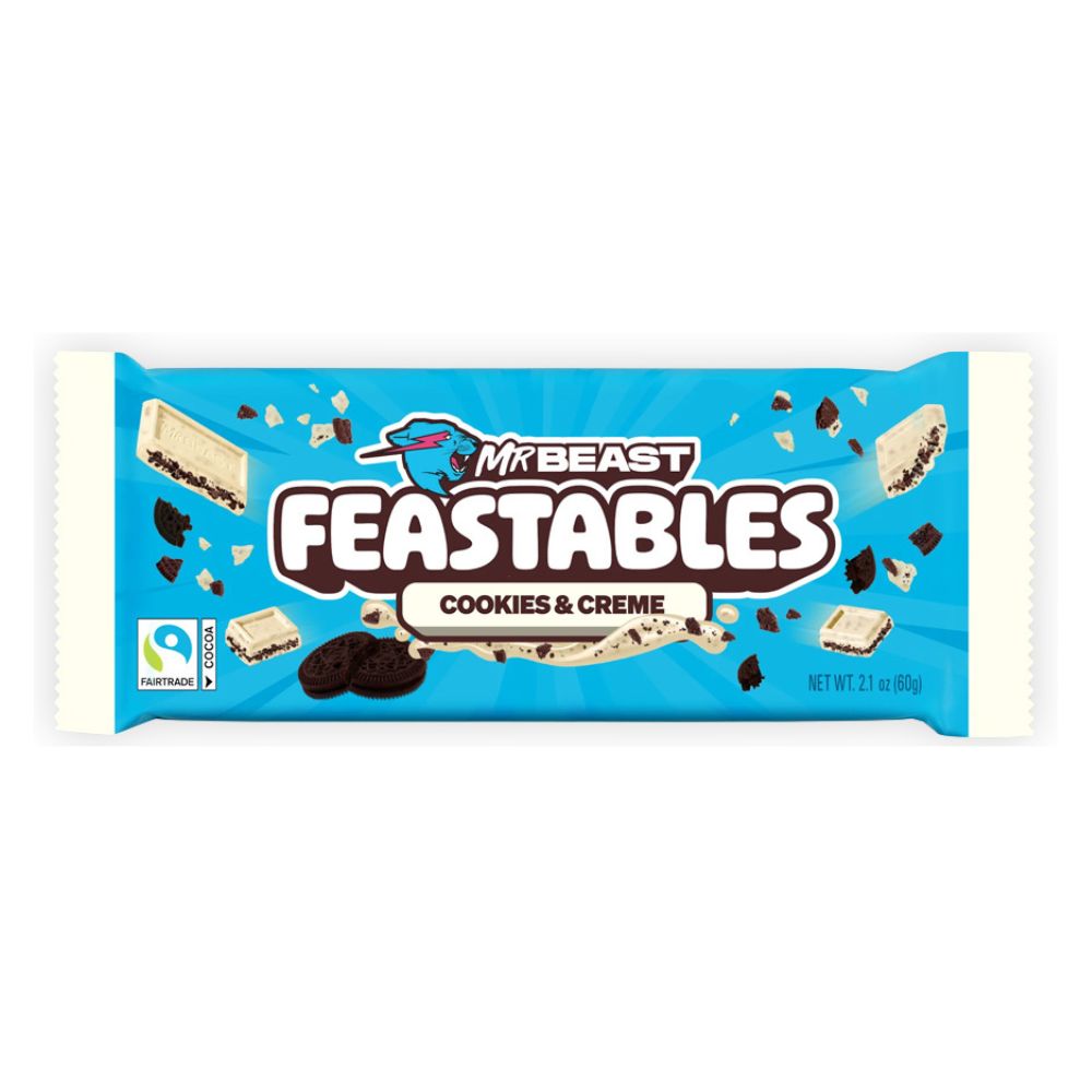 Mr Beast Feastables Cookies & Creme, cioccolato bianco con ripieno al gusto di crema al cacao e pezzi di biscotto da 60g