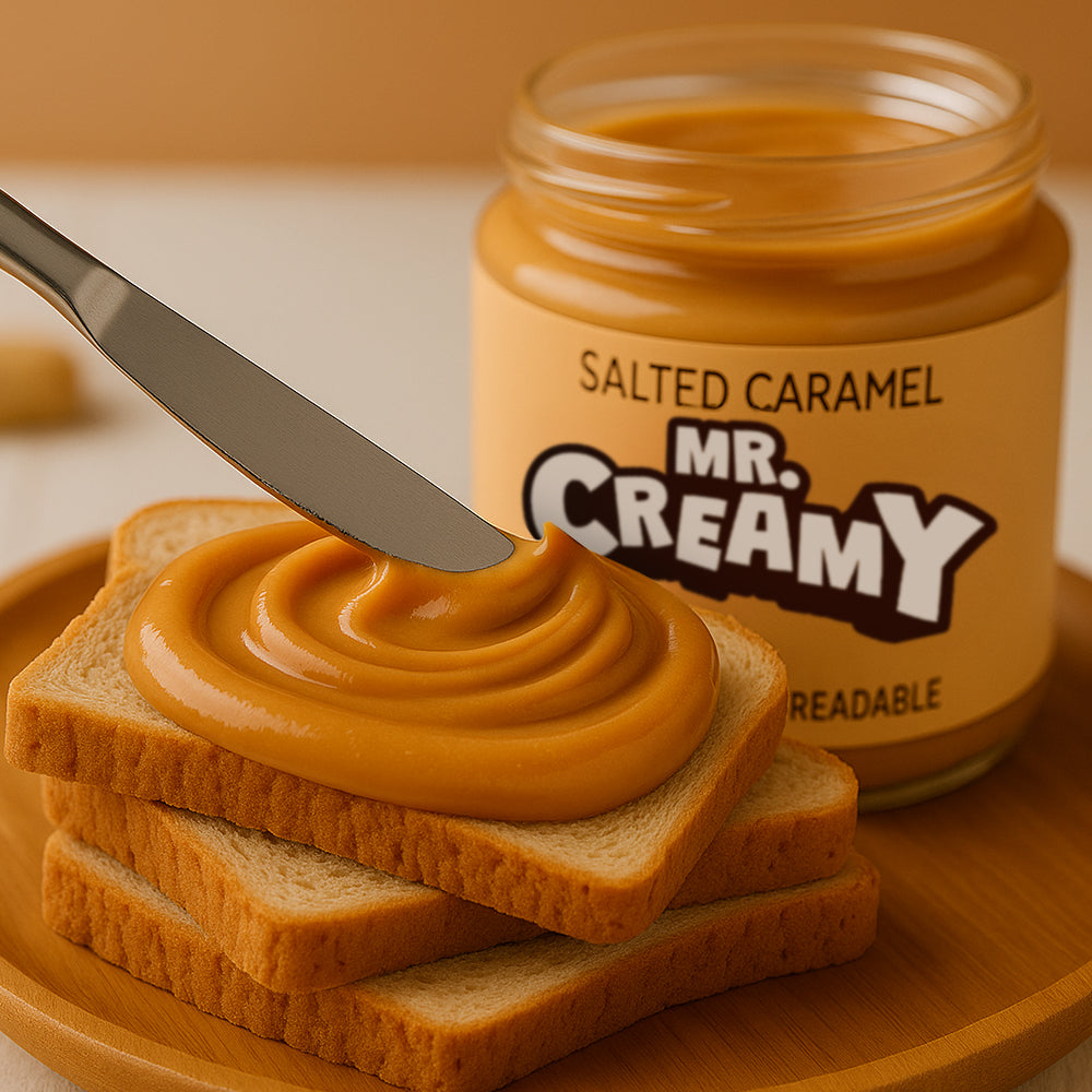 Confezione da 200g di crema spalmabile Mr Creamy al Salted Caramel mentre viene spalmata sul pane