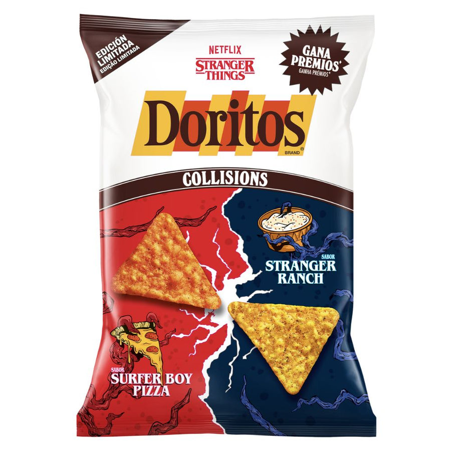 Doritos Collisions Stranger Things, mix di snack di mais al gusto formaggio cremoso e pizza pepperoni da 140g.