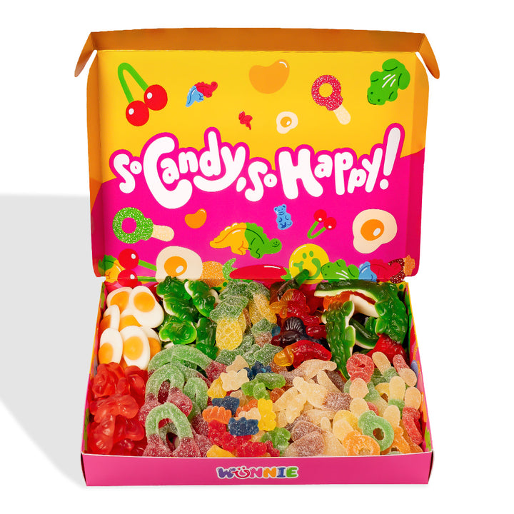 Scatola da comporre di caramelle gommose da 1kg Wunnie Box So Candy So Happy aperta e frontale con scritta e caramelle disegnate