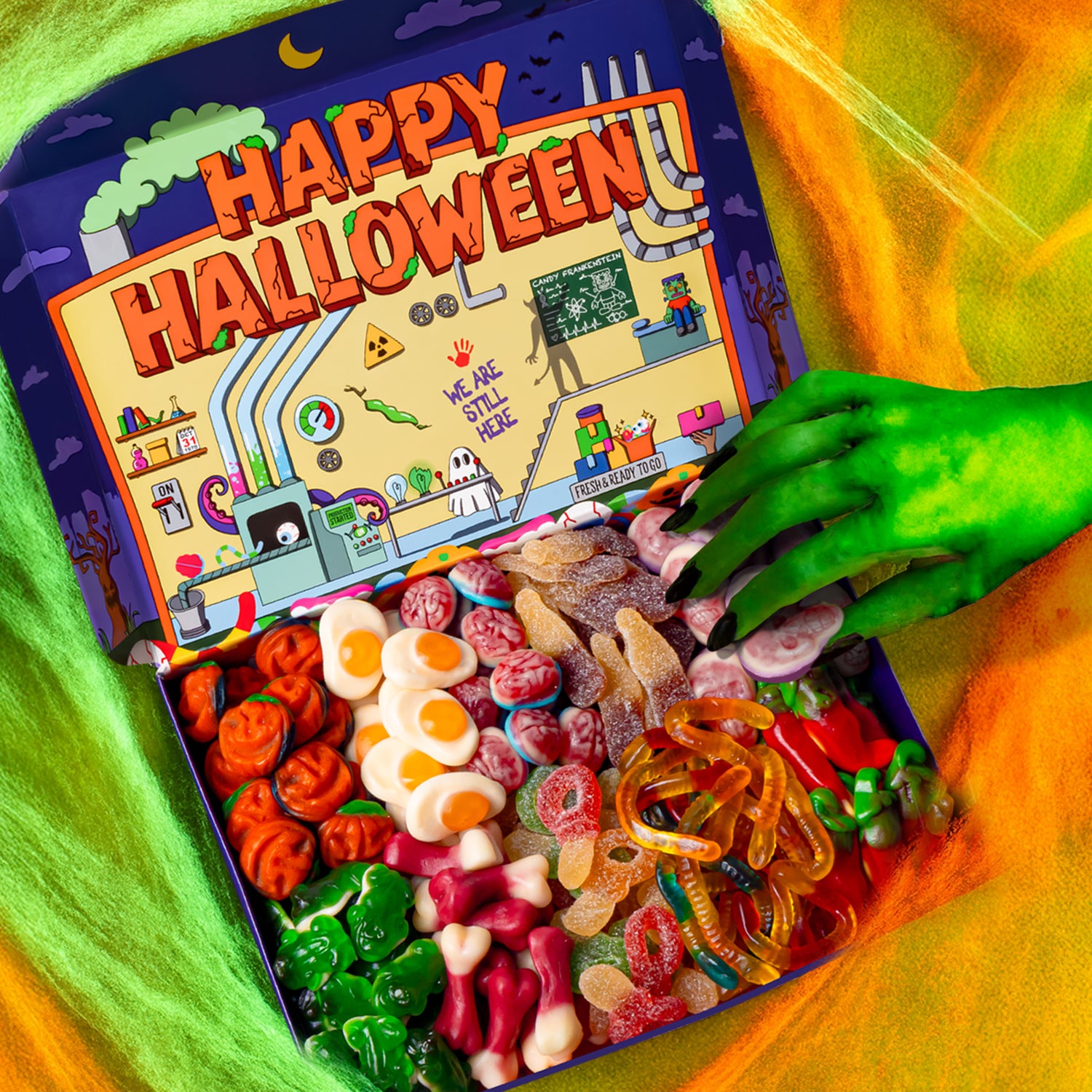 Wunnie Box Halloween con mano di mostro che prende le caramelle