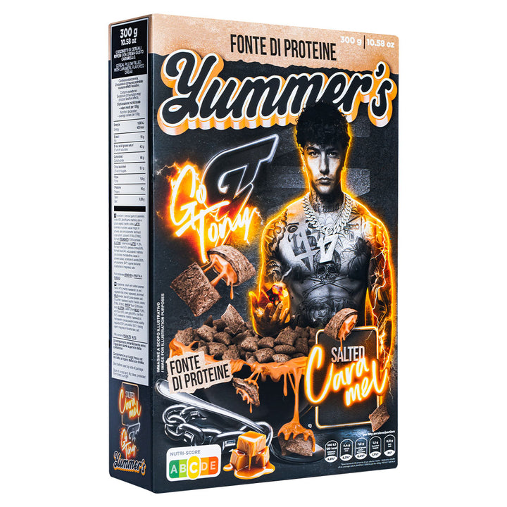 Yummer's Go Tony Salted Caramel von Tony Effe, proteinreiche Cerealien gefüllt mit Creme mit gesalzenem Karamellgeschmack, 300 g | LIMITIERTE AUFLAGE