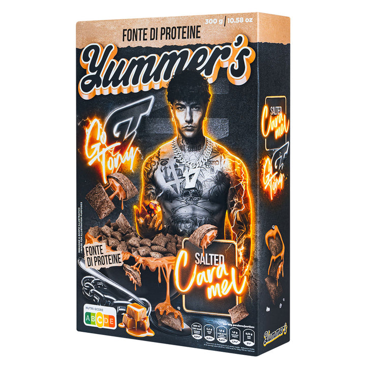 Yummer's Go Tony Salted Caramel von Tony Effe, proteinreiche Cerealien gefüllt mit Creme mit gesalzenem Karamellgeschmack, 300 g | LIMITIERTE AUFLAGE