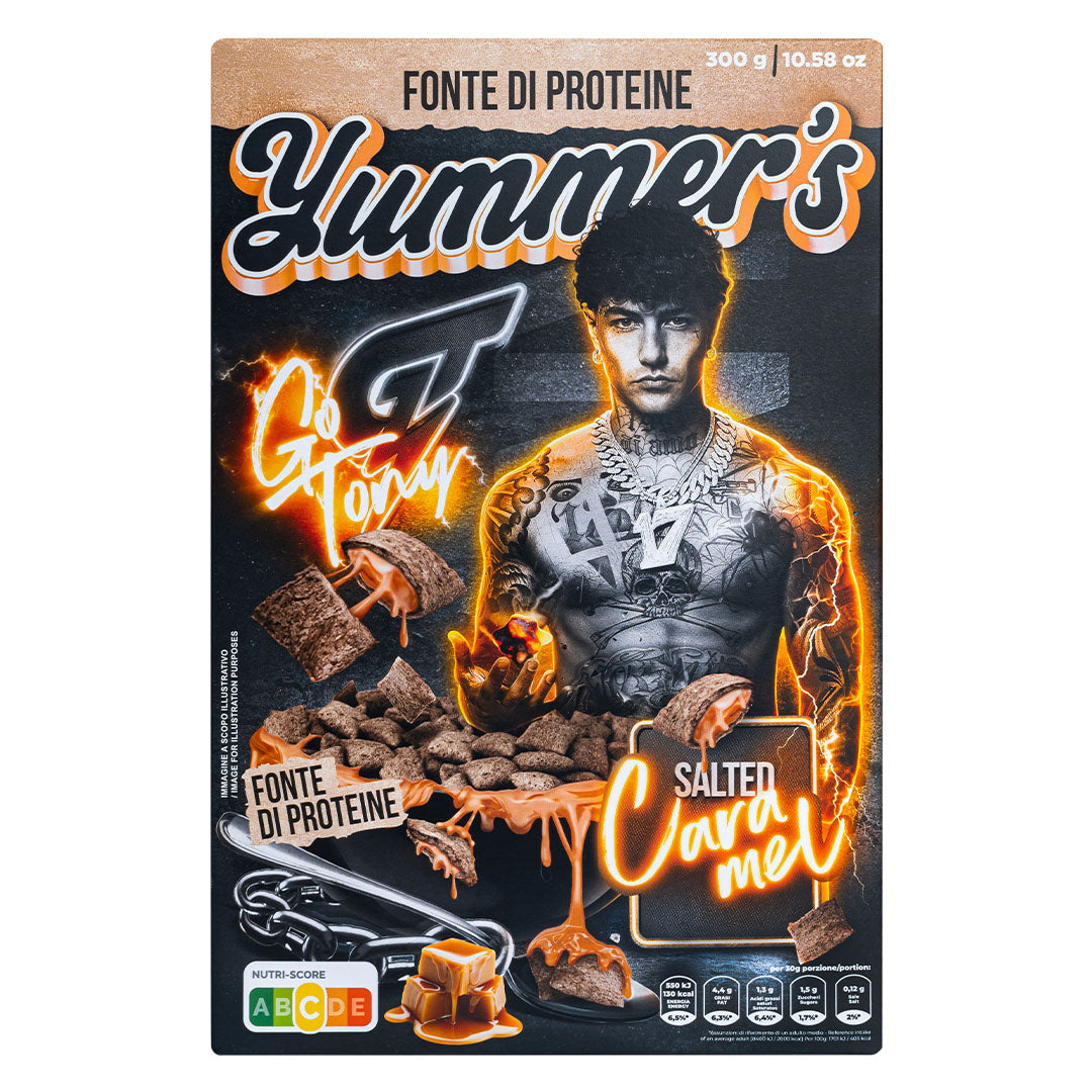 Confezione da 300g di cereali al caramello salato Yummer's Tony Effe Salted Caramel