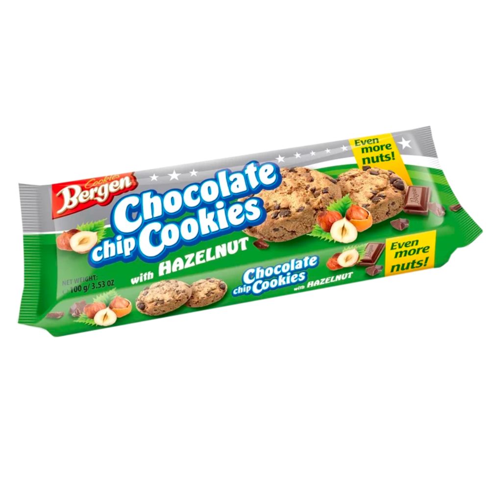 Confezione da 100g di biscotti con gocce di cioccolato e nocciole Cookies Bergen Chocolate Chip Hazelnut
