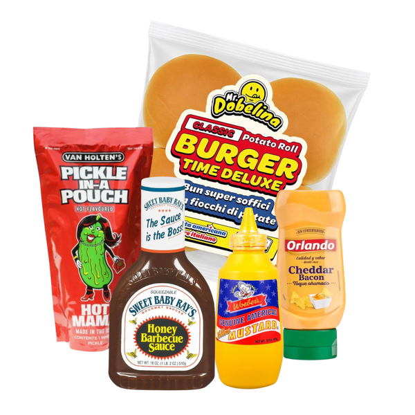 kit burger con panini, cetrioli, salsa barbecue, mostarda e cheddar