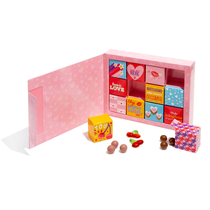 Love Bites Box, Packung mit 12 Schachteln Pralinen und Süßigkeiten