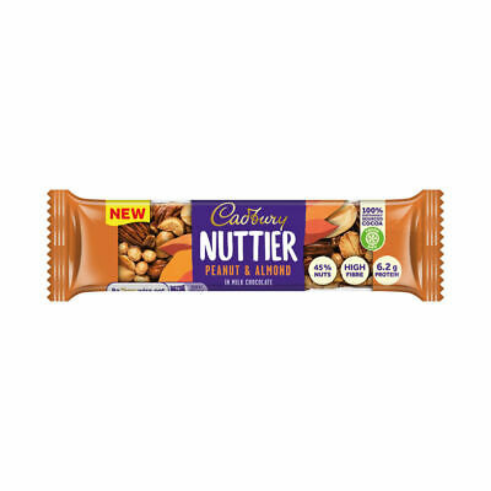 Cadbury Nuttier Mandeln und Erdnüsse, Mandel- und Erdnussriegel umhüllt von Milchschokolade 40g