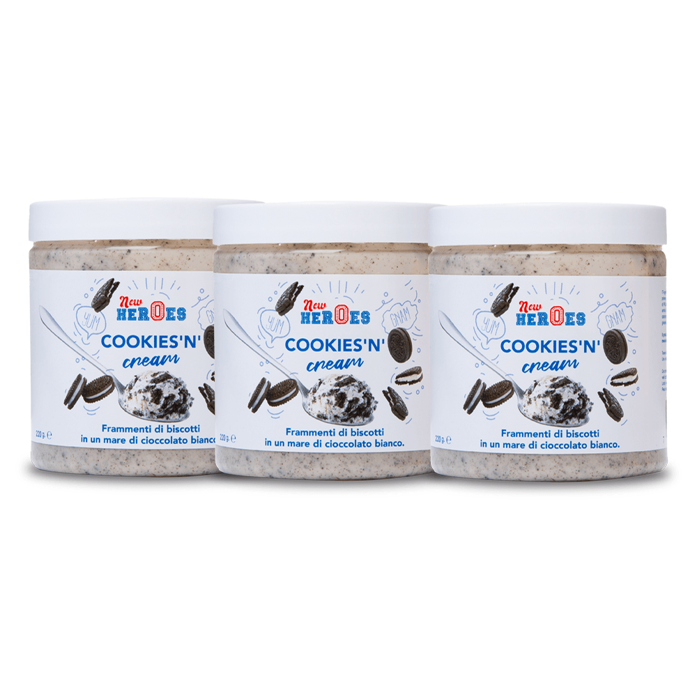 3x New Heroes Cookies'n'Cream, crema al cioccolato bianco con pezzetti di Cookies da 220g