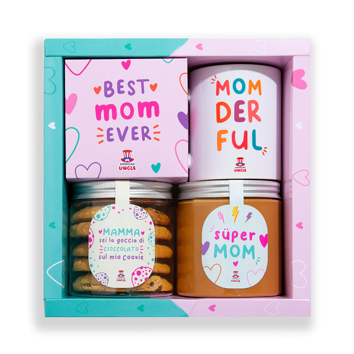 Mom Geschenk Box, Geschenkbox für die Mama mit Keksen in verschiedenen Geschmacksrichtungen, gesalzene Karamellcreme und Momderful Tasse
