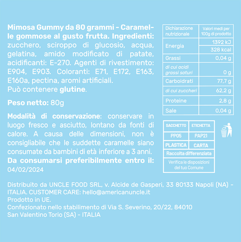 Mimosa Gummy, Tüte mit Gummibonbons für eine Superfrau mit 80 g