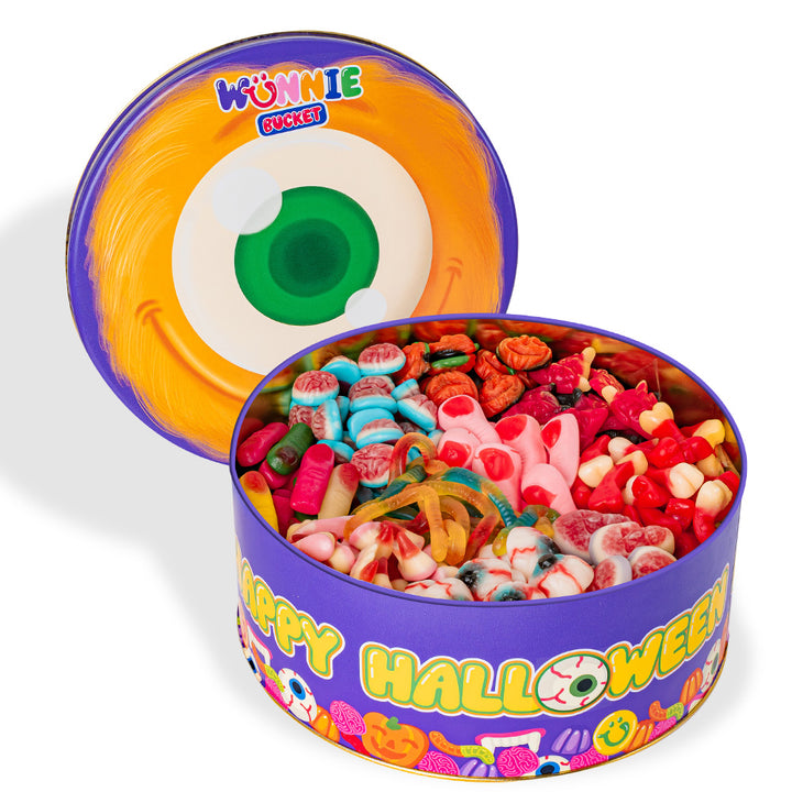Wunnie Bucket "Frohes Halloween", 3kg Dose mit Gummibärchen, die du mit deinen Lieblingsgeschmäckern zusammenstellen kannst 