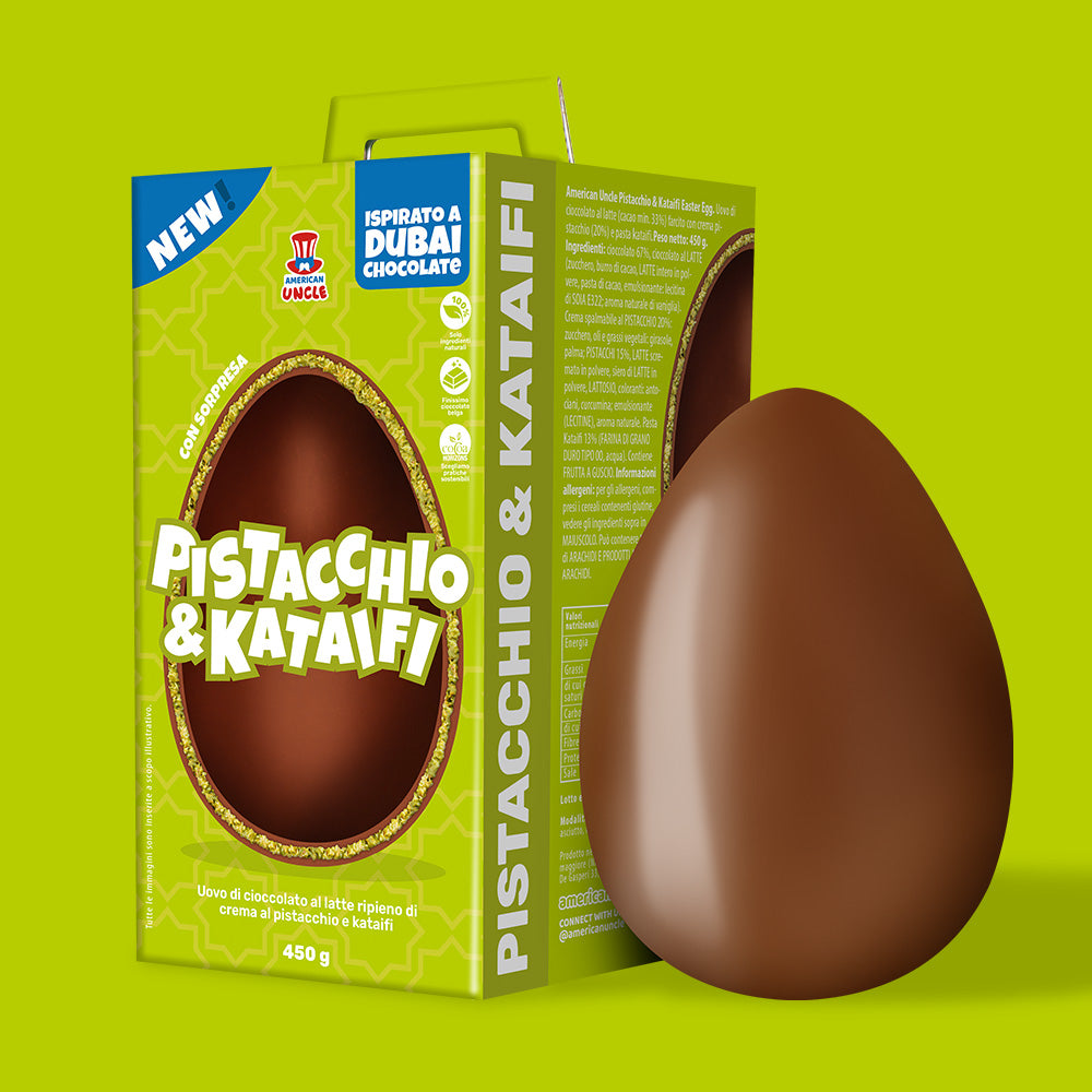 American Uncle Pistazien- & Kataifi-Osterei, Oster-Ei Dubai-Schokolade - Vollmilchschokolade gefüllt mit Pistazien- und Kataifi-Creme, 450 g 