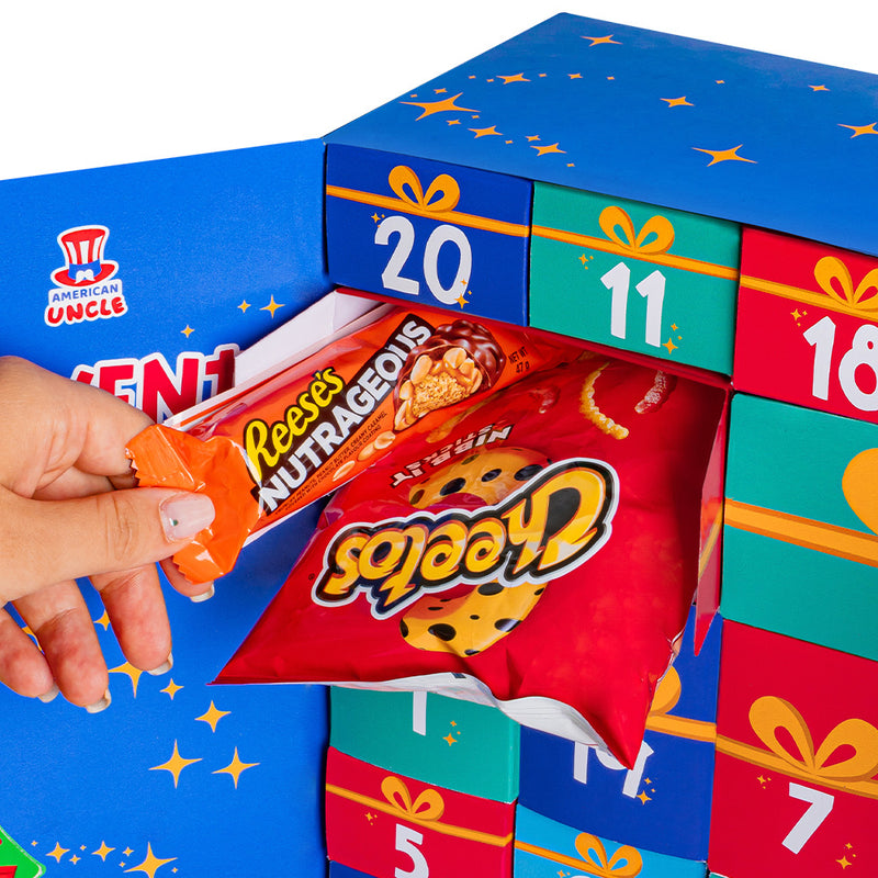 Adventskalender 2023, Schachtel mit +24 süßen und herzhaften Überraschungssnacks