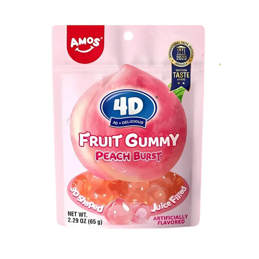 Confezione da 65g, caramelle gommose e ripiene al gusto di pesca.