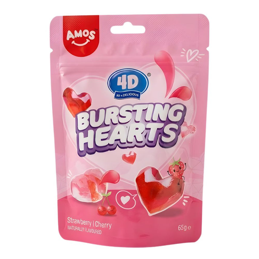 Amos 4D Gummy Bursting Hearts, caramelle gommose ripiene al gusto di fragola e ciliegia da 65g