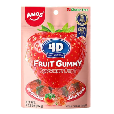 Confezione da 65g, caramelle gommose ripiene al gusto di fragola Amos.