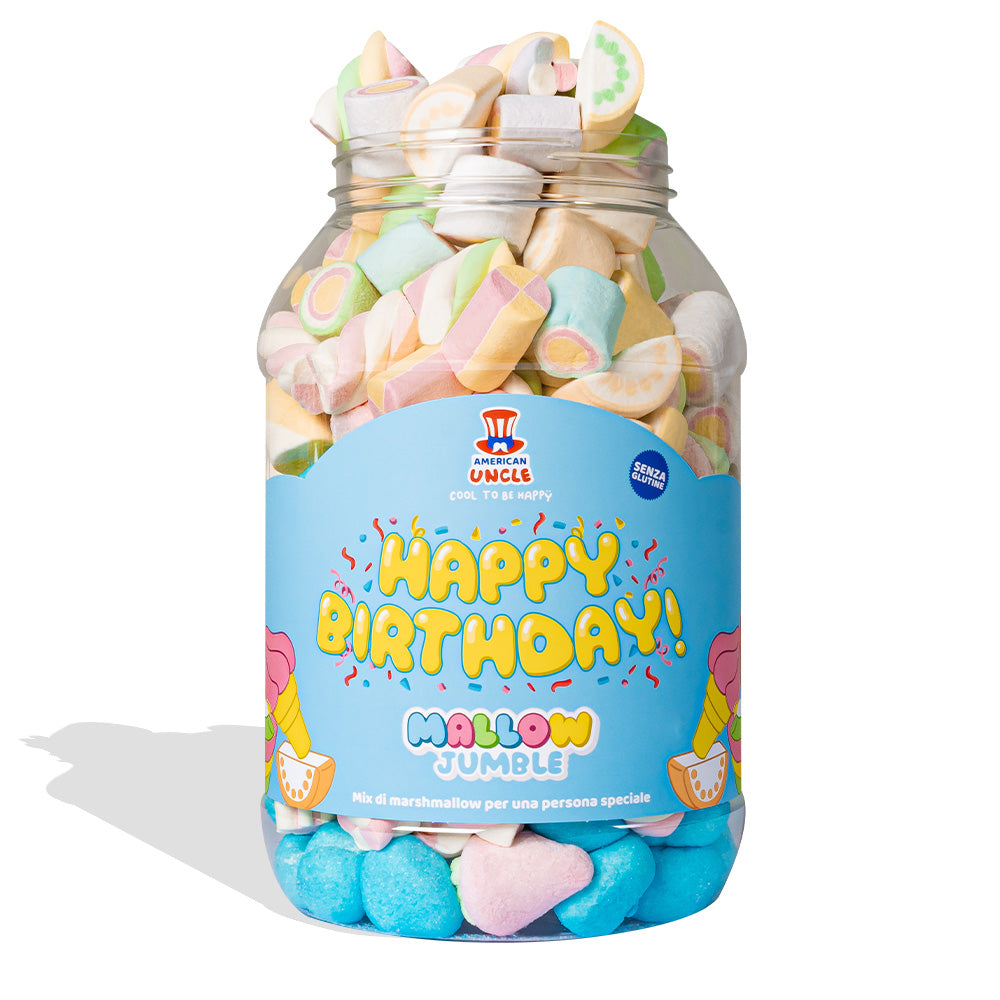 Mallow Jumble “Happy Birthday”, Dose von marshmallow zum Zusammenstellen mit deinen Lieblingsgeschmäckern 