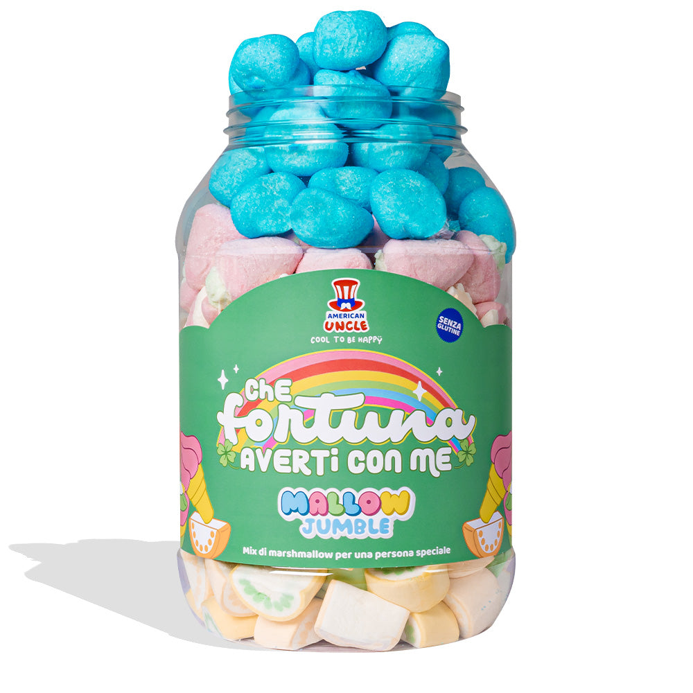 Mallow Jumble “Was für ein Glück, dich bei mir zu haben”, Glas von marshmallow zum Zusammenstellen mit deinen Lieblingsgeschmäckern 