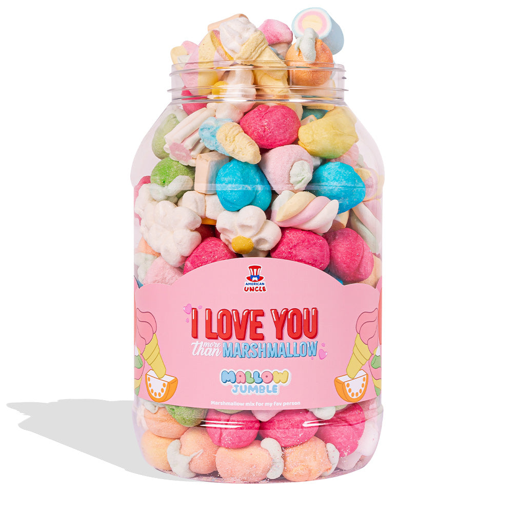 Mallow Jumble “Ich liebe dich mehr als marshmallow”, Glas von marshmallow zum Zusammenstellen mit deinen Lieblingsgeschmäckern 
