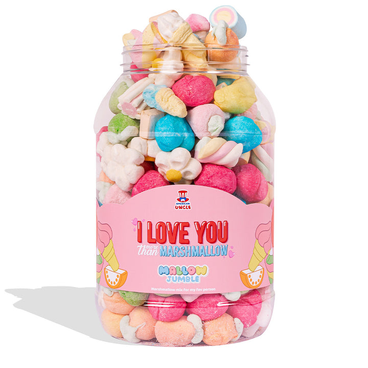 Mallow Jumble “Ich liebe dich mehr als marshmallow”, Glas von marshmallow zum Zusammenstellen mit deinen Lieblingsgeschmäckern 