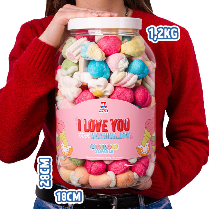 Mallow Jumble “Ich liebe dich mehr als marshmallow”, Glas von marshmallow zum Zusammenstellen mit deinen Lieblingsgeschmäckern 
