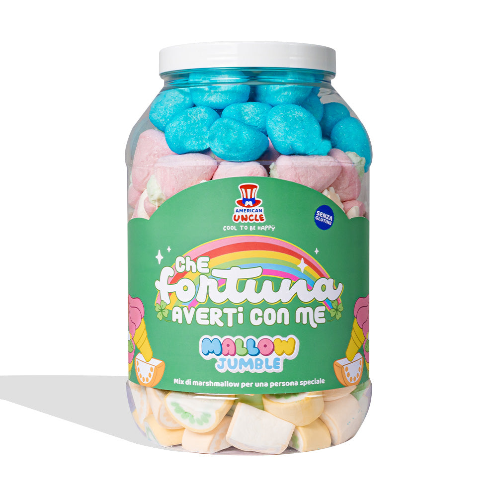 Mallow Jumble “Was für ein Glück, dich bei mir zu haben”, Glas von marshmallow zum Zusammenstellen mit deinen Lieblingsgeschmäckern 
