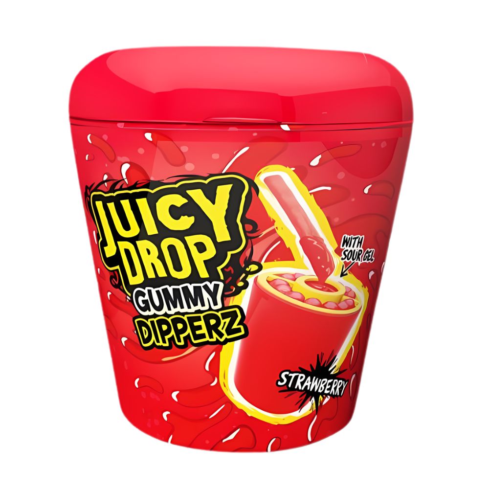 Bazooka Juicy Drop Gummy Dipperz Erdbeere, Gummibonbons und Gel mit Erdbeergeschmack 96g 