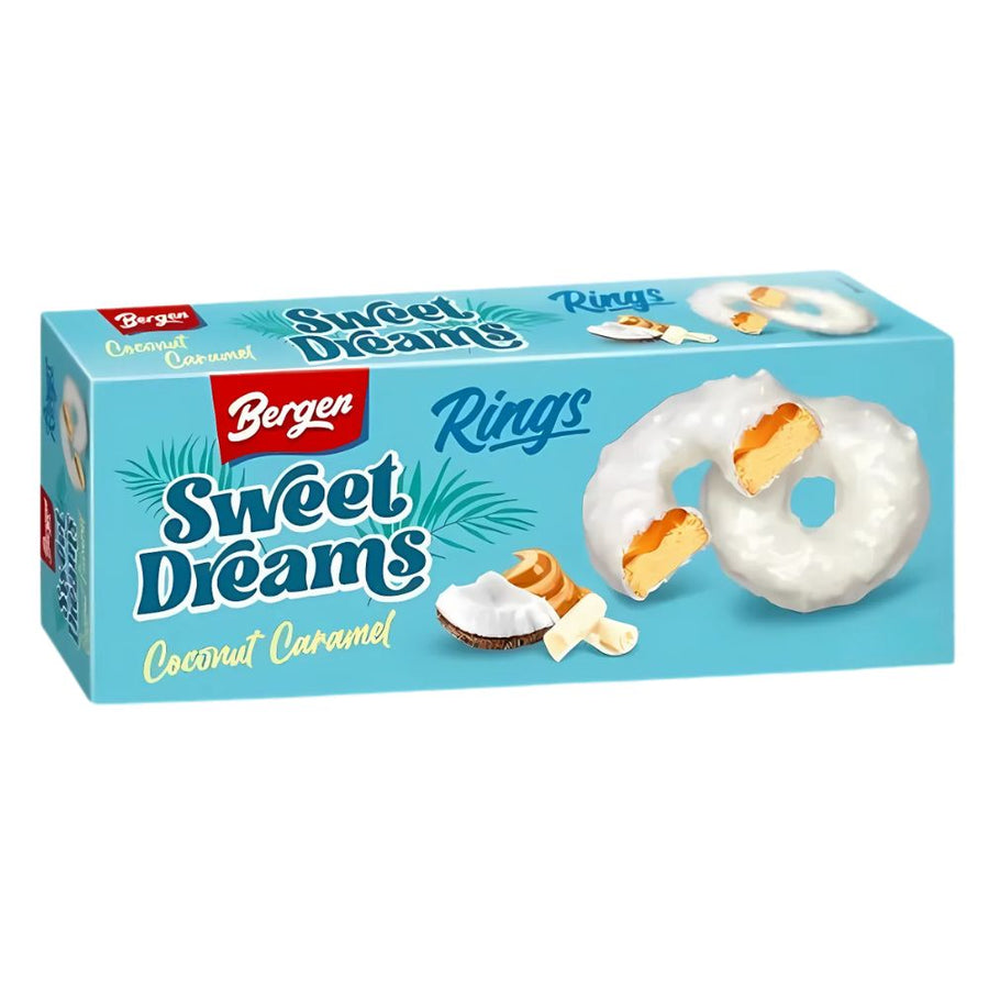 Confezione da 128g biscotti con caramello ricoperti di cioccolato bianco e scaglie di cocco Bergen.