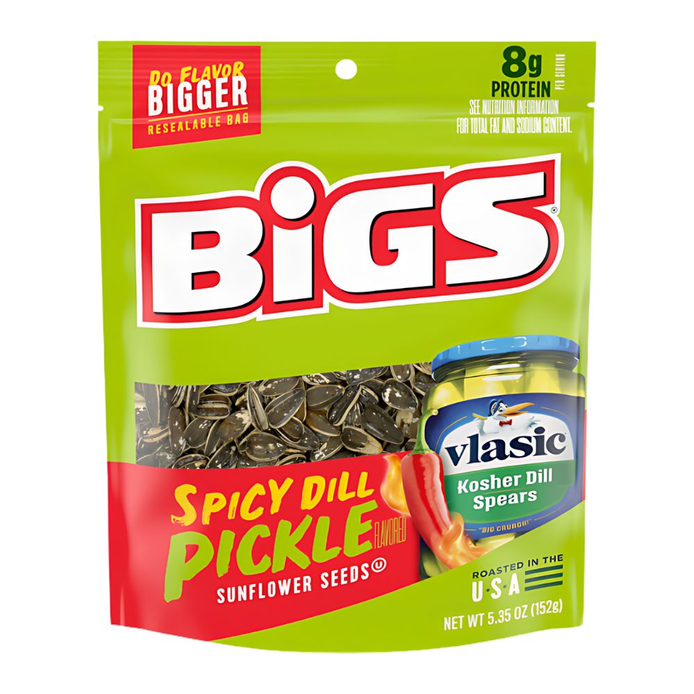 Confezione da 152g, semi di girasole al gusto di cetriolo sottoaceto piccante Bigs.