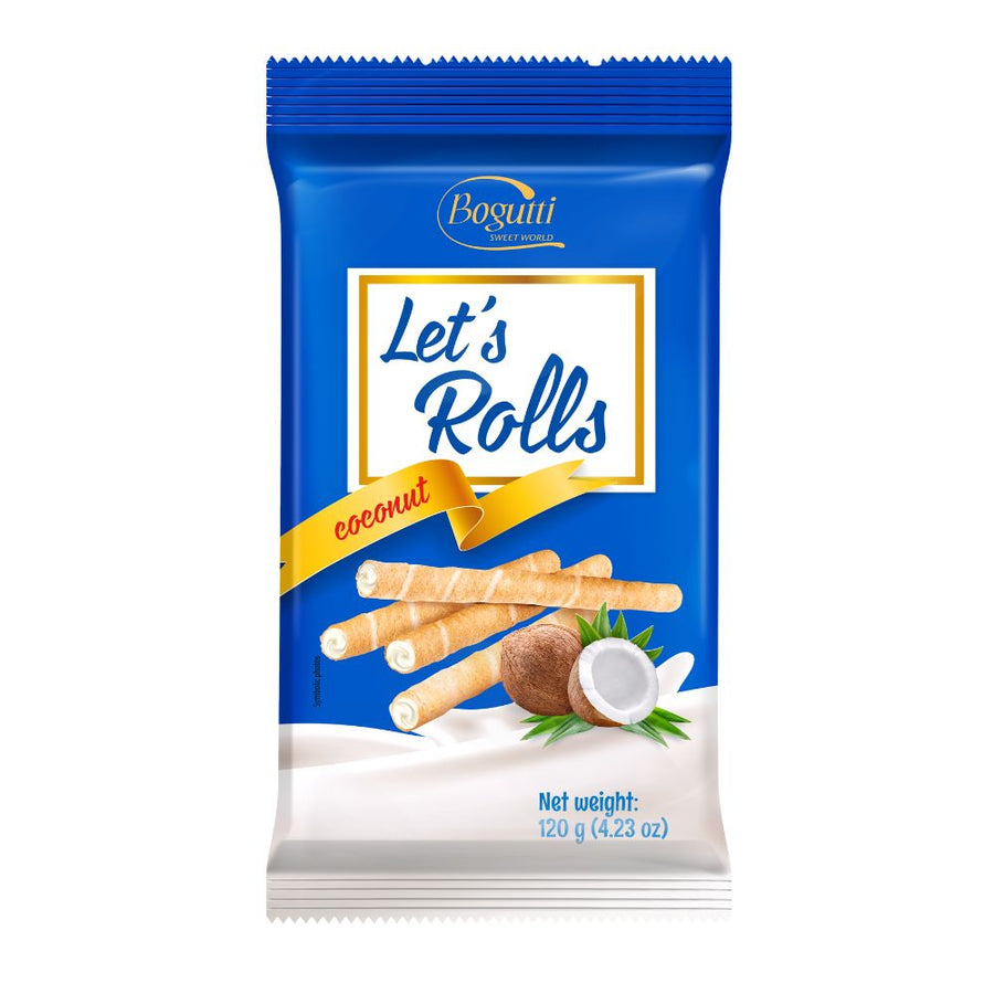 Confezione da 120g, wafer con crema al cocco Bogutti.