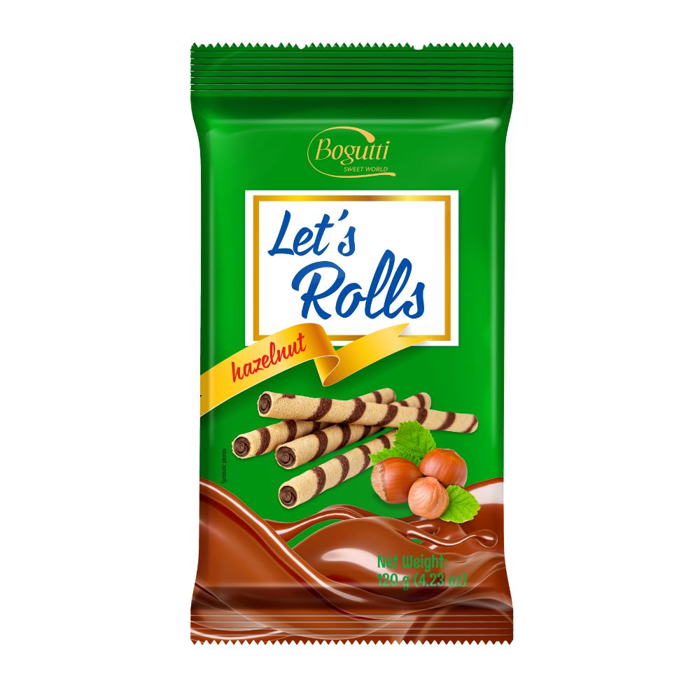 Confezione da 120g, wafer con crema alla nocciola Bogutti.