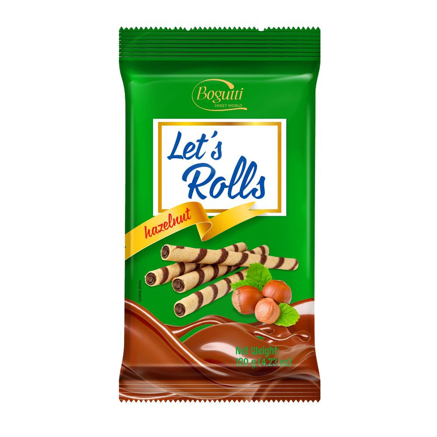 Confezione da 120g, wafer con crema alla nocciola Bogutti.