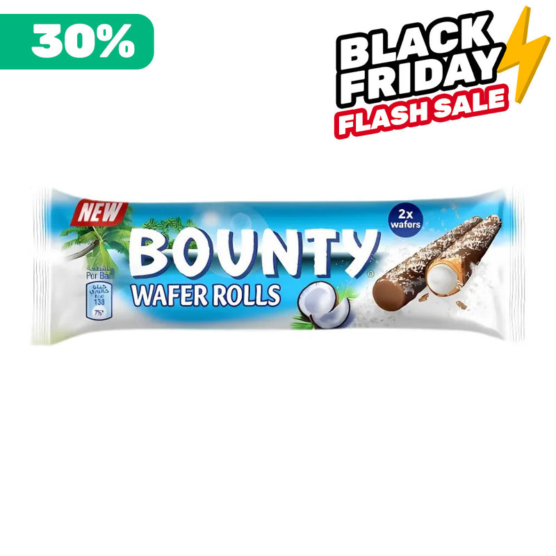 Bounty Wafer Rolls, gerollte Waffel mit Schokolade überzogen und mit Kokoscreme gefüllt, 22,5g 