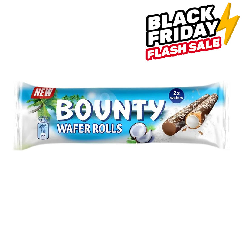 Bounty Wafer Rolls, gerollte Waffel mit Schokolade überzogen und mit Kokoscreme gefüllt, 22,5g 