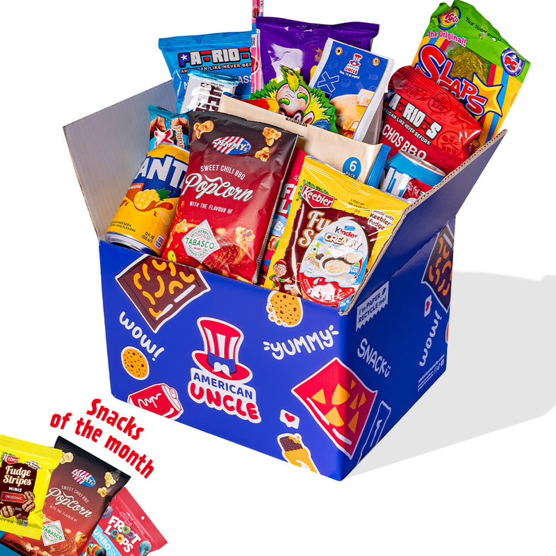Snack Box mit mindestens 40 internationalen Produkten: Süßes, Herzhaftes und Getränke