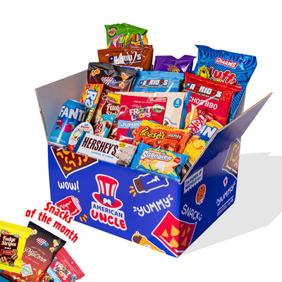Snack box mit mindestens 50 internationalen Produkten: Süßes, Herzhaftes und Getränke