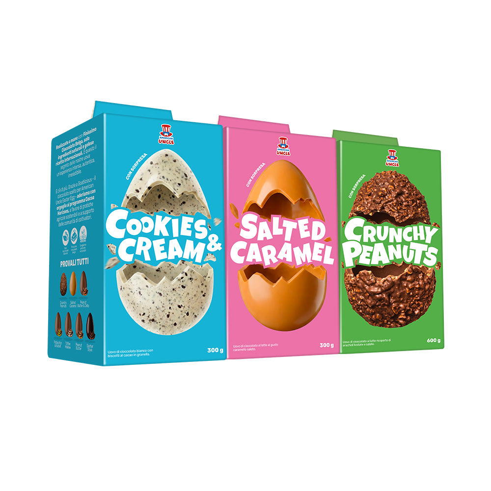 Verpackung mit 3 Ostereiern: Cookies and Cream, Salted Caramel und Crunchy Peanuts
