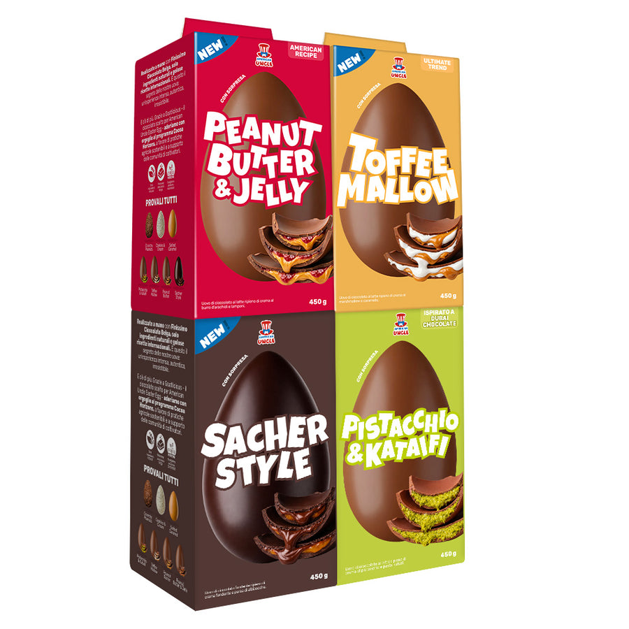 4er-Eier-Set: Erdnussbutter & Gelee, Toffee Mallow, Sacher-Stil, Pistazie & Kataifi