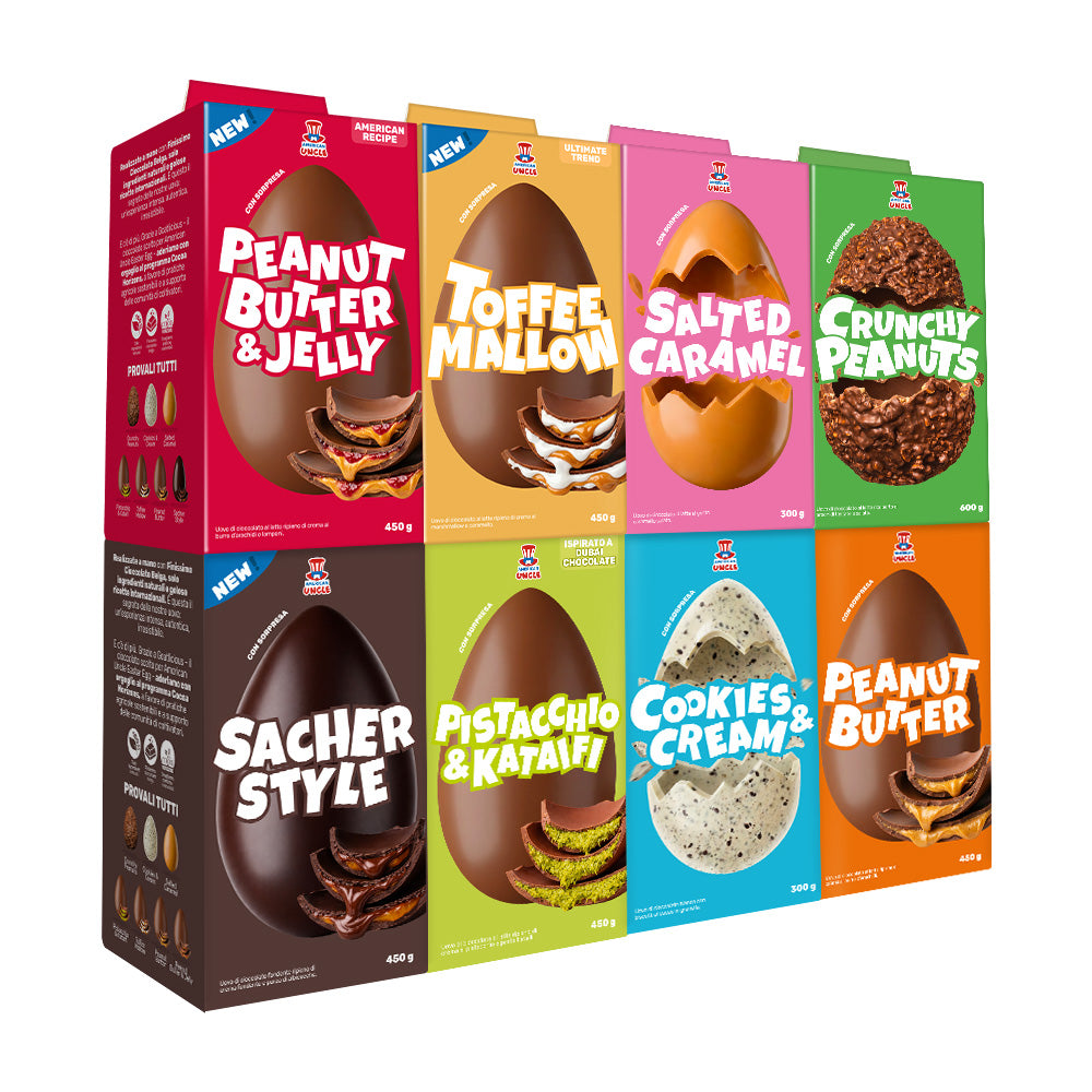 Alle Ostereier: Erdnussbutter und Marmelade, Karamell und marshmallow, gesalzenes Karamell, knusprige Erdnüsse, Marmelade und Zartbitterschokolade, Pistazie und Kataifi, Cookies and Cream, Erdnussbutter