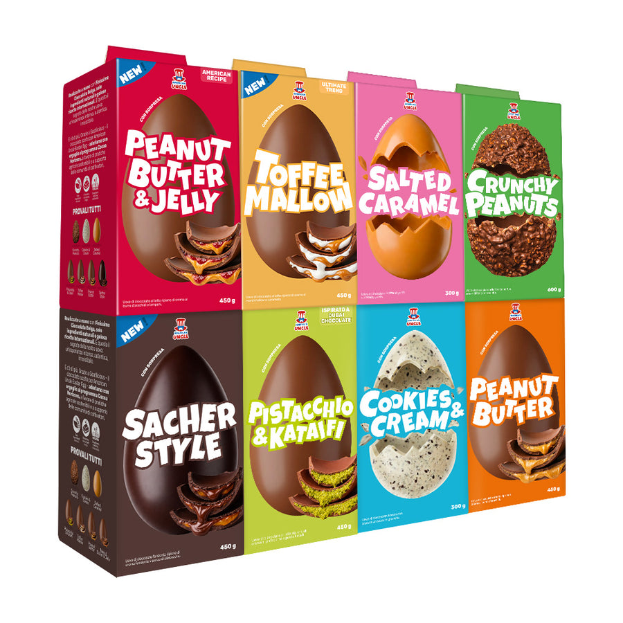Alle Ostereier: Erdnussbutter und Marmelade, Karamell und marshmallow, gesalzenes Karamell, knusprige Erdnüsse, Marmelade und Zartbitterschokolade, Pistazie und Kataifi, Cookies and Cream, Erdnussbutter