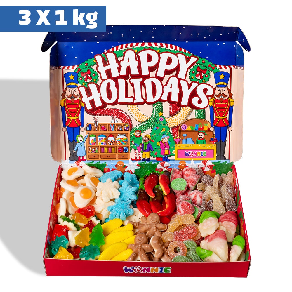Wunnie box „Frohe Feiertage“, das Candy box zum Zusammenstellen mit deinen Lieblingsgummibärchen - 1 kg 