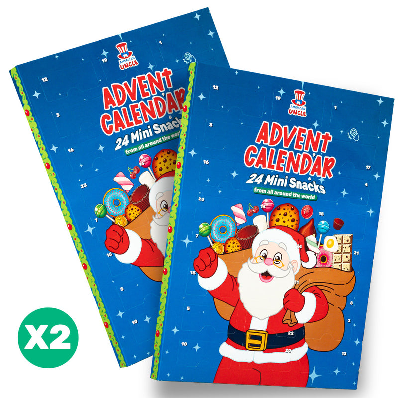 2x Adventskalender Miniaturen, Schachtel mit 24 snack Überraschungssüßigkeiten im Miniformat 