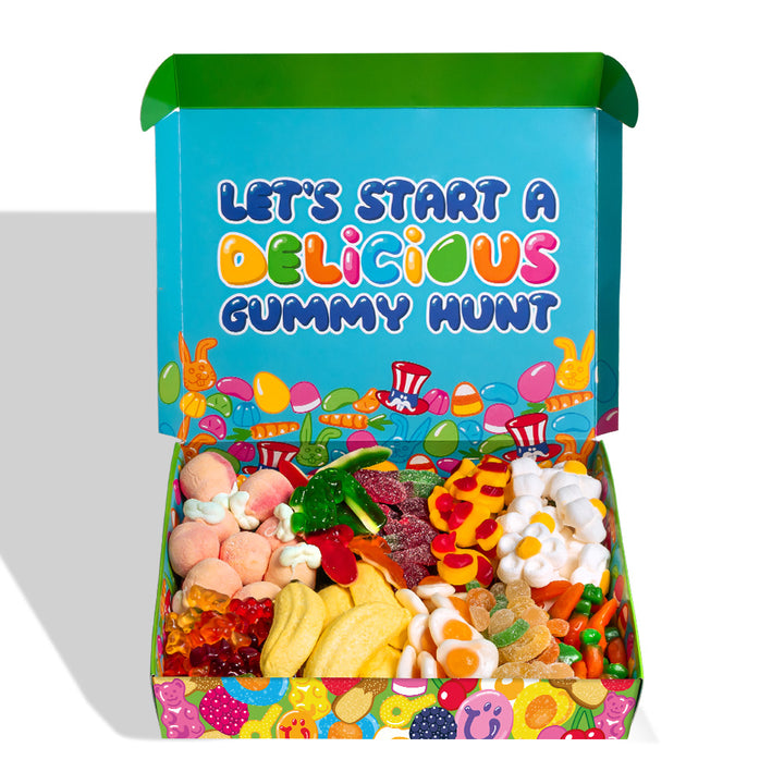 Scatola di caramelle gommose per la Pasqua con all'interno frase Let's Start a Delicious Gummy Hunt