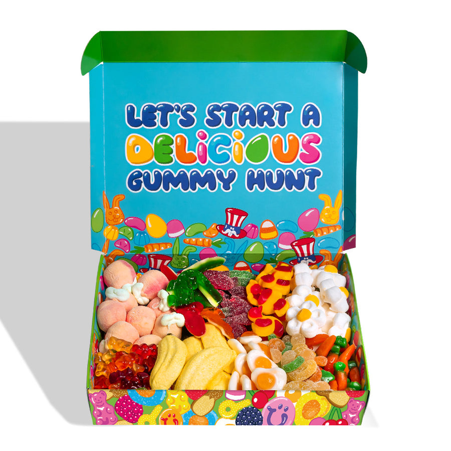 Scatola di caramelle gommose per la Pasqua con all'interno frase Let's Start a Delicious Gummy Hunt